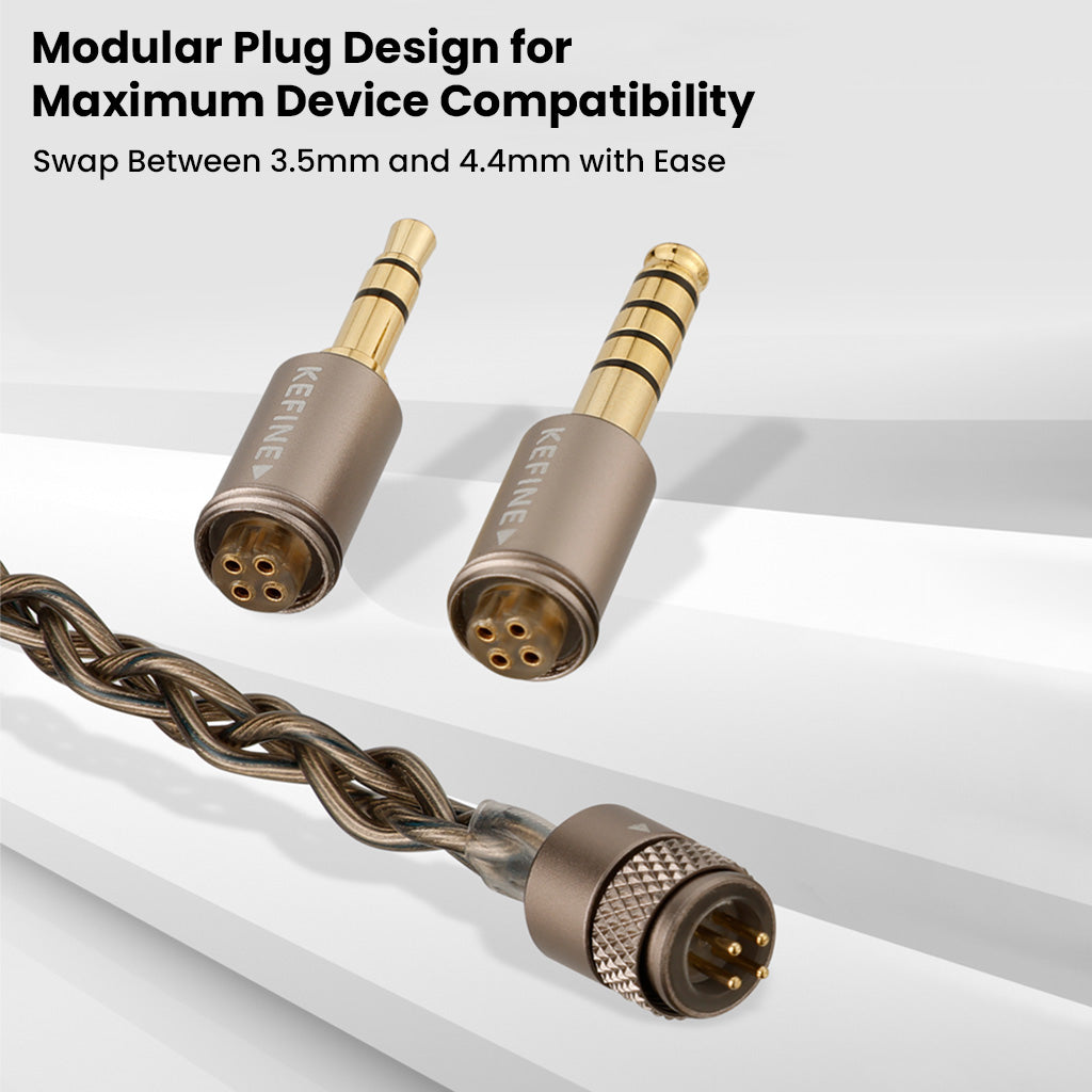 Modular plug design of KEFINE Quatio IEMs with swappable 3.5mm and 4.4mm connectors for versatile device compatibility.