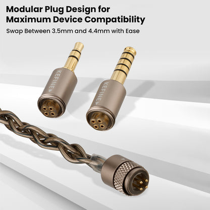 Modular plug design of KEFINE Quatio IEMs with swappable 3.5mm and 4.4mm connectors for versatile device compatibility.