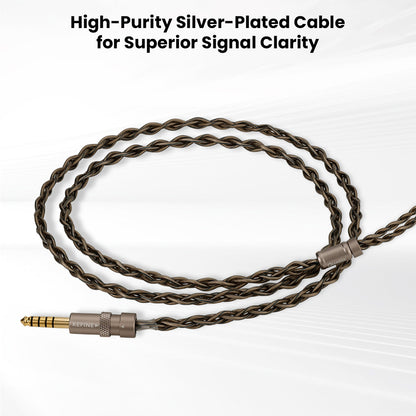High-purity silver-plated cable of KEFINE Quatio IEMs designed for superior signal clarity and reduced audio distortion.