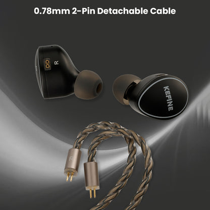 KEFINE Quatio IEMs with 0.78mm 2-pin detachable cable for easy upgrades and secure connection to audio sources.
