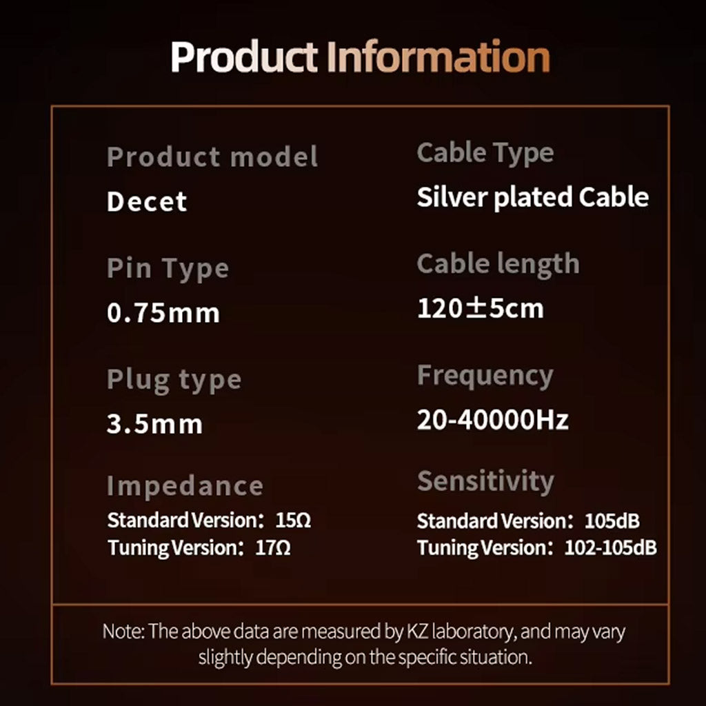KZ Decet 10 IEM product specifications including impedance, sensitivity, cable length, and frequency response for both versions.