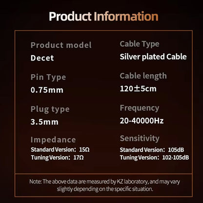 KZ Decet 10 IEM product specifications including impedance, sensitivity, cable length, and frequency response for both versions.