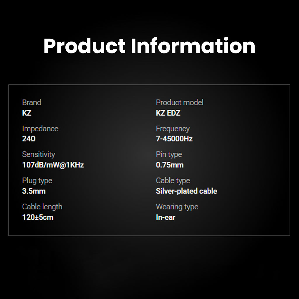 Product information sheet for KZ EDZ in-ear monitors
