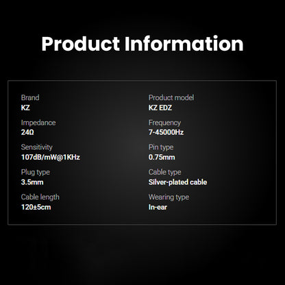 Product information sheet for KZ EDZ in-ear monitors
