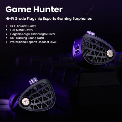 Gamer Hunter Phantom esports gaming earphones with black and purple lighting