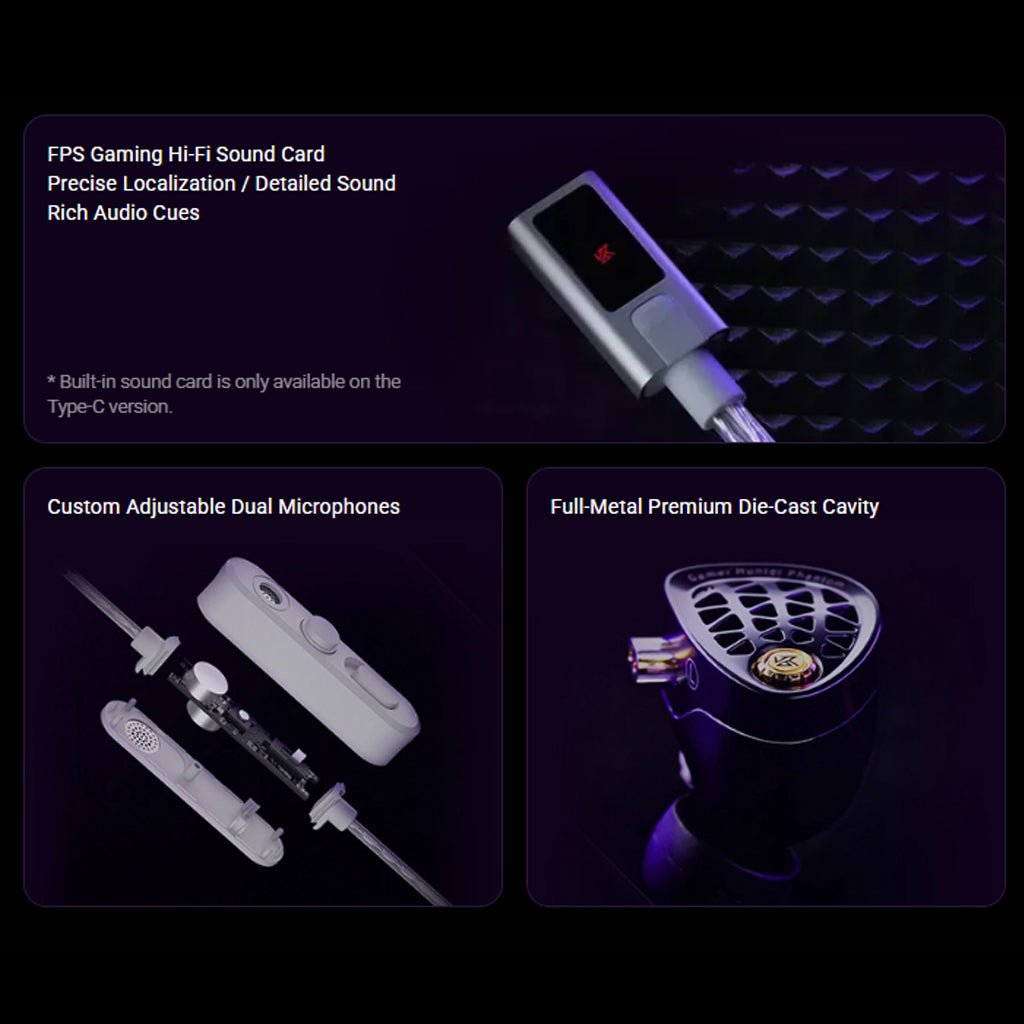 KZ Phantom in-ear monitors with detachable cable and sound card for gaming audio