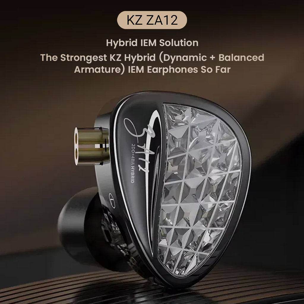 KZ ZA12 Hybrid In-Ear Monitor featuring 4BA+2DD drivers with a tuning switch. Stylish design with a diamond-patterned faceplate for premium audio experience.