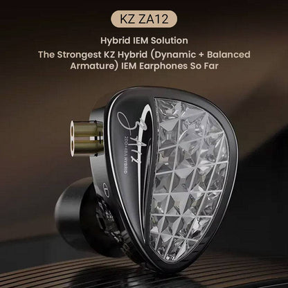 KZ ZA12 Hybrid In-Ear Monitor featuring 4BA+2DD drivers with a tuning switch. Stylish design with a diamond-patterned faceplate for premium audio experience.