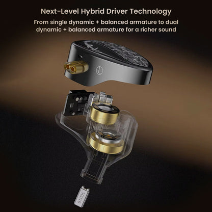 KZ ZA12 hybrid in-ear monitor featuring 4BA+2DD drivers with tuning switch. Exploded view showcases internal components for superior sound quality.