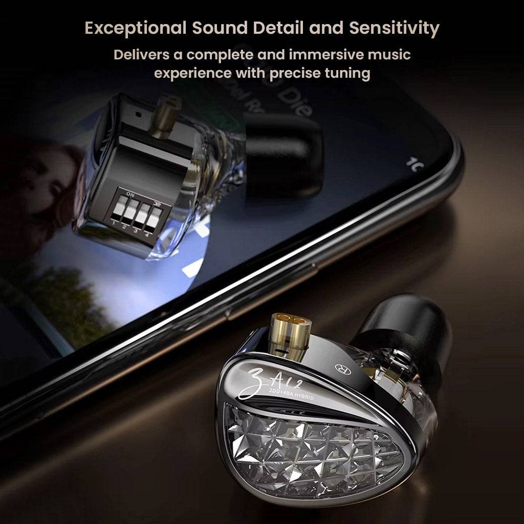 KZ ZA12 4BA+2DD Drivers Hybrid In Ear Monitor with tuning switch, featuring a stylish transparent design and premium sound quality for audiophiles.