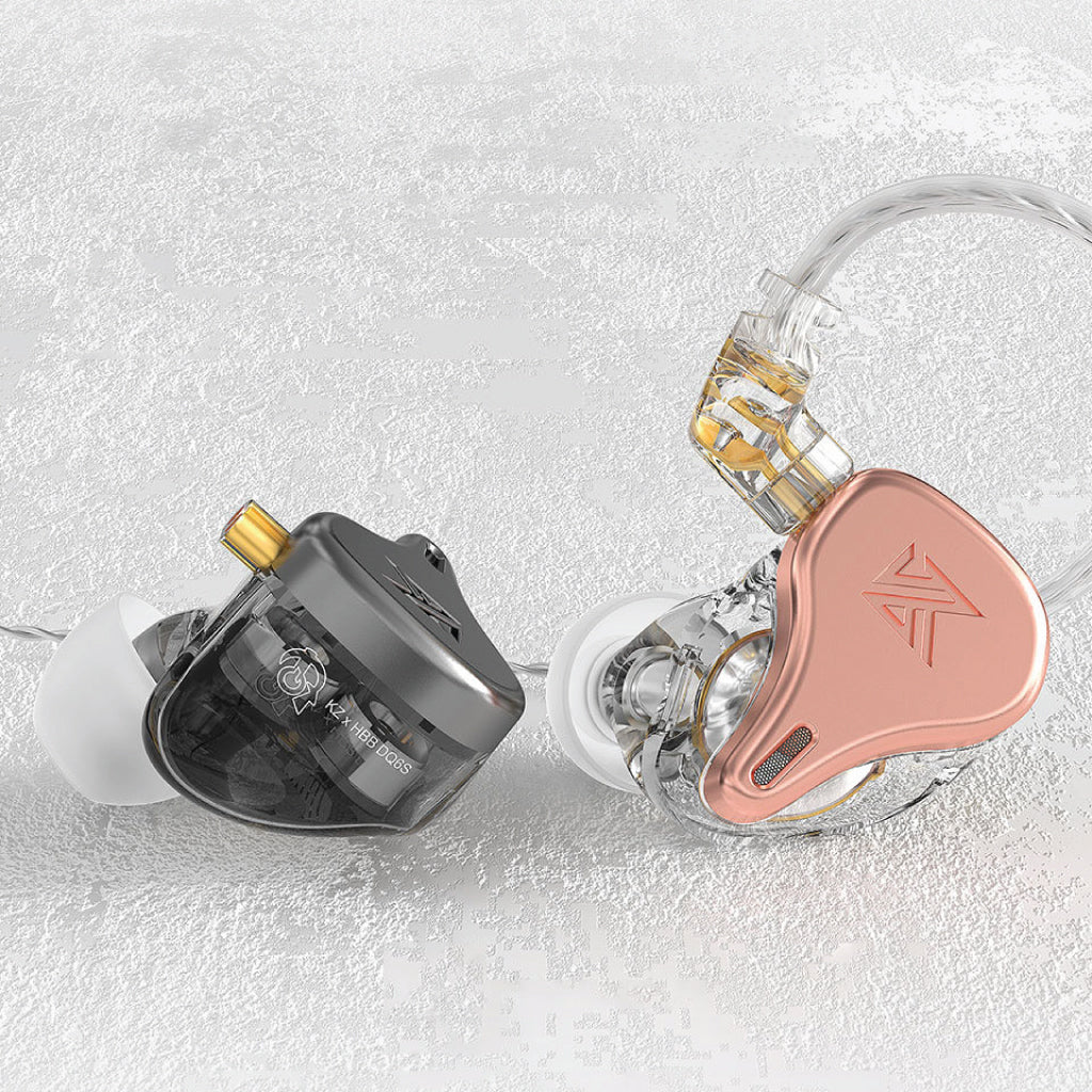 Side view of KZ x HBB – DQ6S 3 Dynamic Driver In Ear Monitor showing internal components and ergonomic fit for enhanced audio performance.