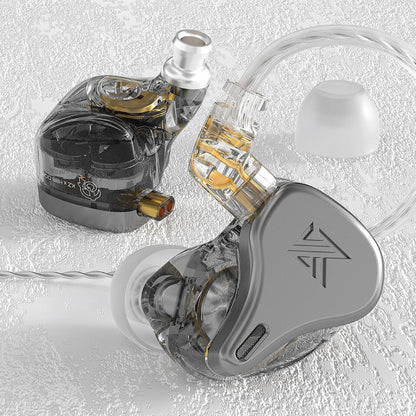 Close-up of KZ x HBB – DQ6S 3 Dynamic Driver In Ear Monitor highlighting transparent housing and triple dynamic driver layout for immersive sound.