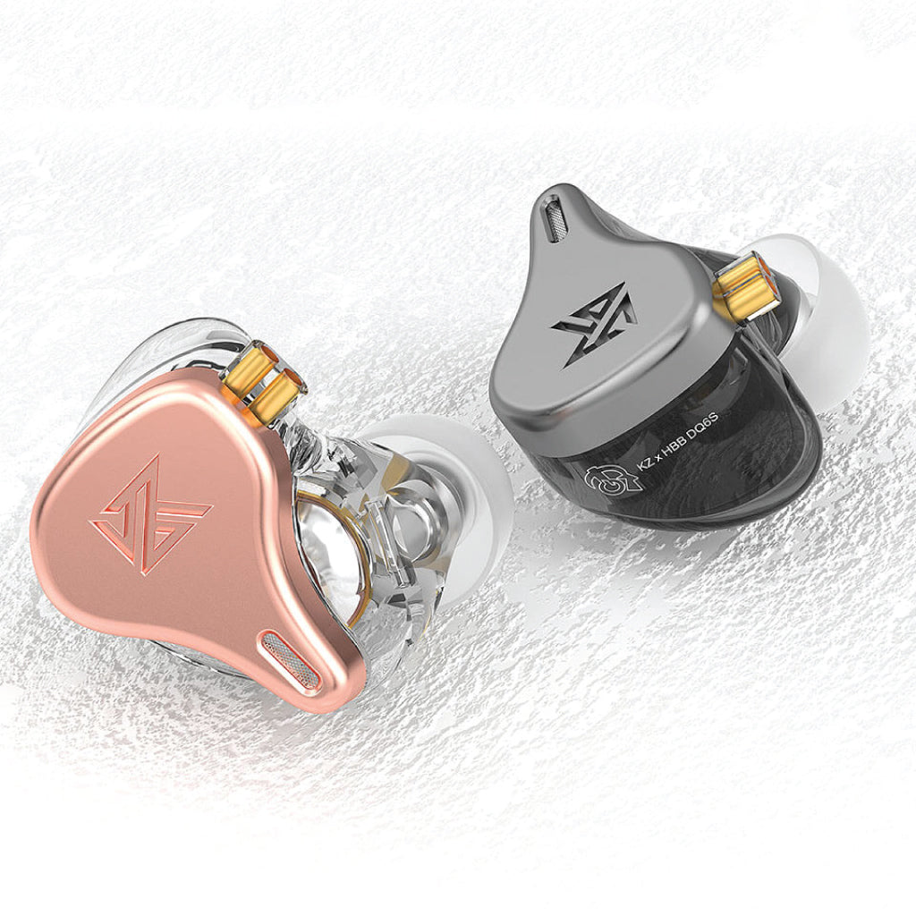 KZ x HBB – DQ6S 3 Dynamic Driver In Ear Monitor pair in rose gold and gray, featuring sleek design and detachable cables for high-fidelity listening.