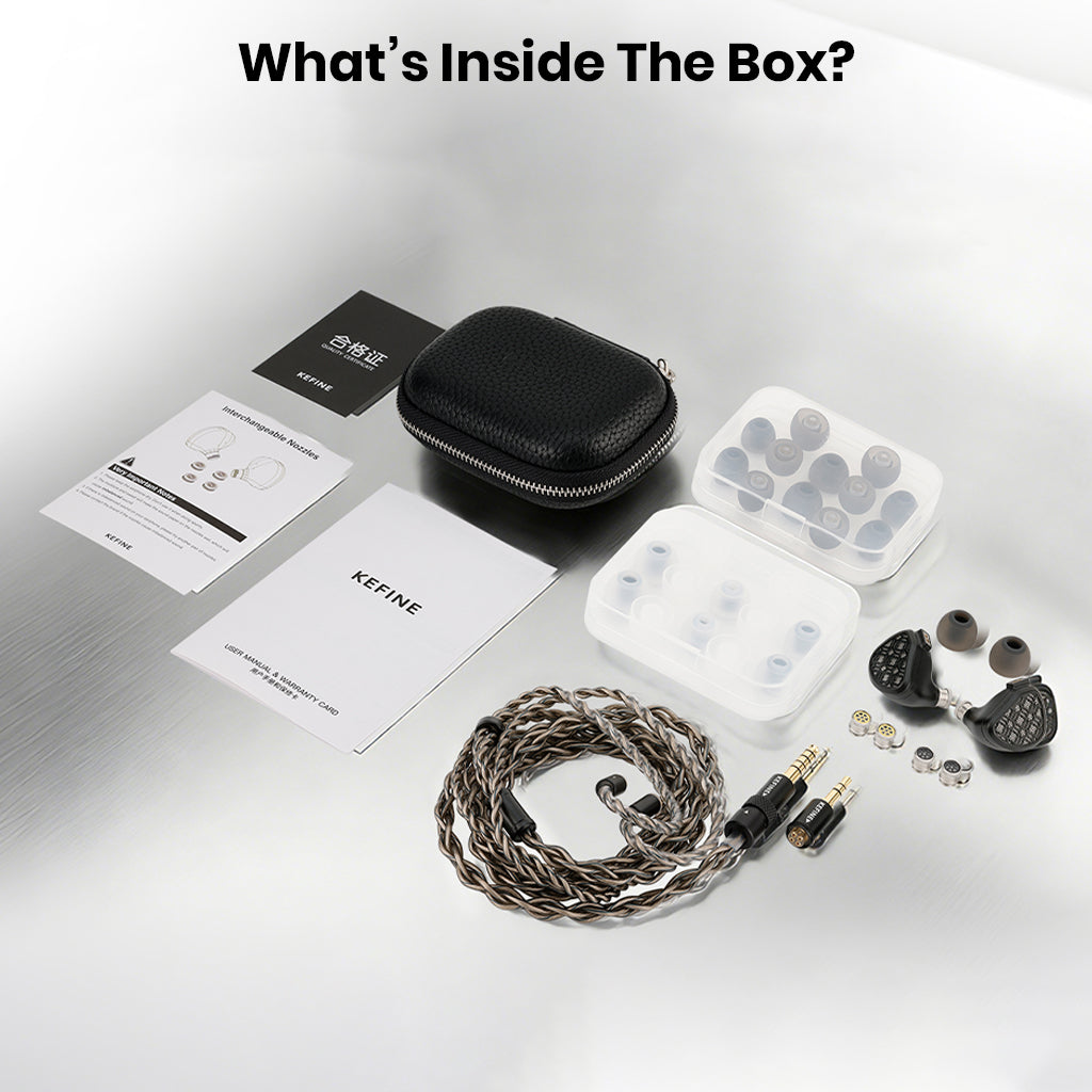 Kefine in-ear monitor accessories with case, ear tips, and user manual