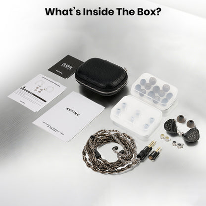 Kefine in-ear monitor accessories with case, ear tips, and user manual