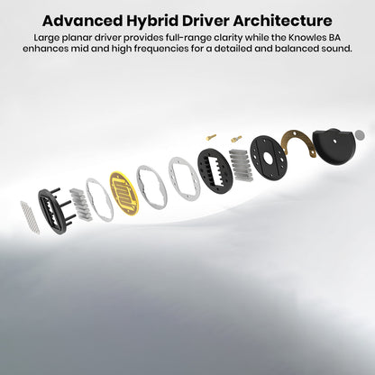 Exploded view of hybrid driver components for high-quality sound