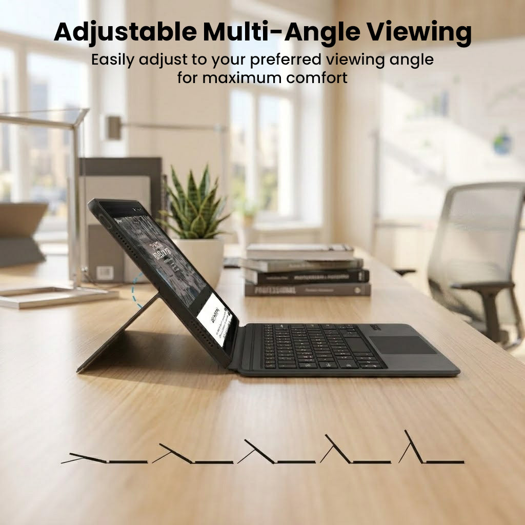 Adjustable multi-angle tablet stand on wooden desk