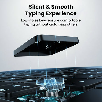 Close-up of a sleek, low-noise keyboard with smooth typing experience