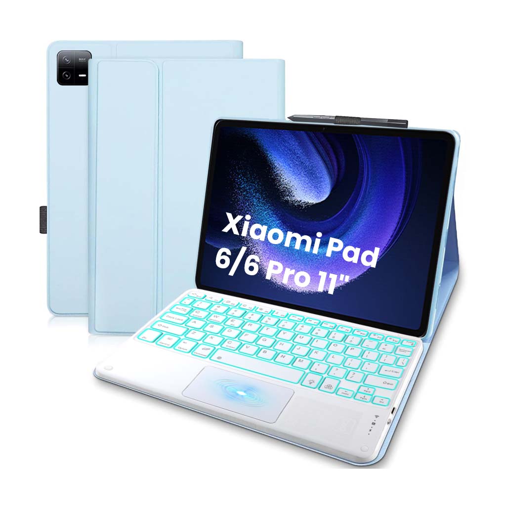 Blue PST-M611T Keyboard Case for Xiaomi Pad 6/6 Pro 11 inch 2023 with illuminated keyboard, stylus holder, and foldable folio design.