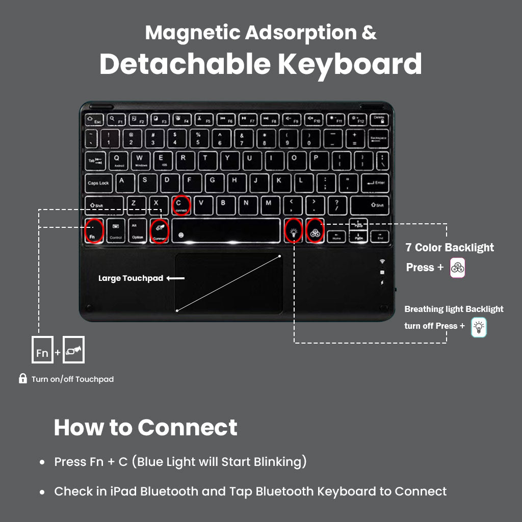 PST-M611T detachable keyboard for Xiaomi Pad 6/6 Pro 11 inch 2023 with magnetic adsorption, large touchpad, and Bluetooth pairing instructions.