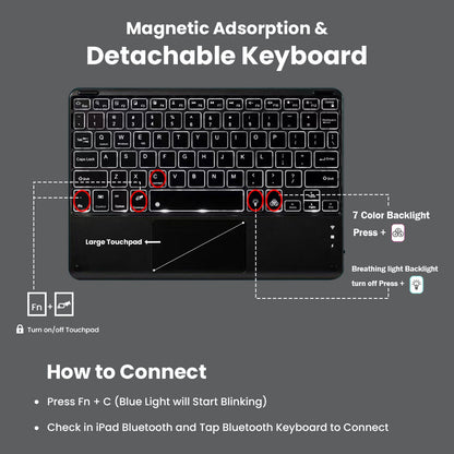 PST-M611T detachable keyboard for Xiaomi Pad 6/6 Pro 11 inch 2023 with magnetic adsorption, large touchpad, and Bluetooth pairing instructions.