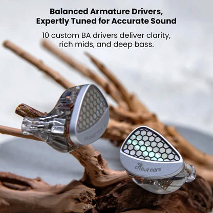 Kiwi Ears Orchestra II IEMs on wood with text highlighting 10 balanced armature drivers for accurate sound and deep bass clarity.