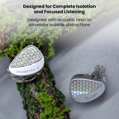 Kiwi Ears Orchestra II in-ear monitors on moss with text emphasizing acoustic resin design for complete sound isolation and focus.