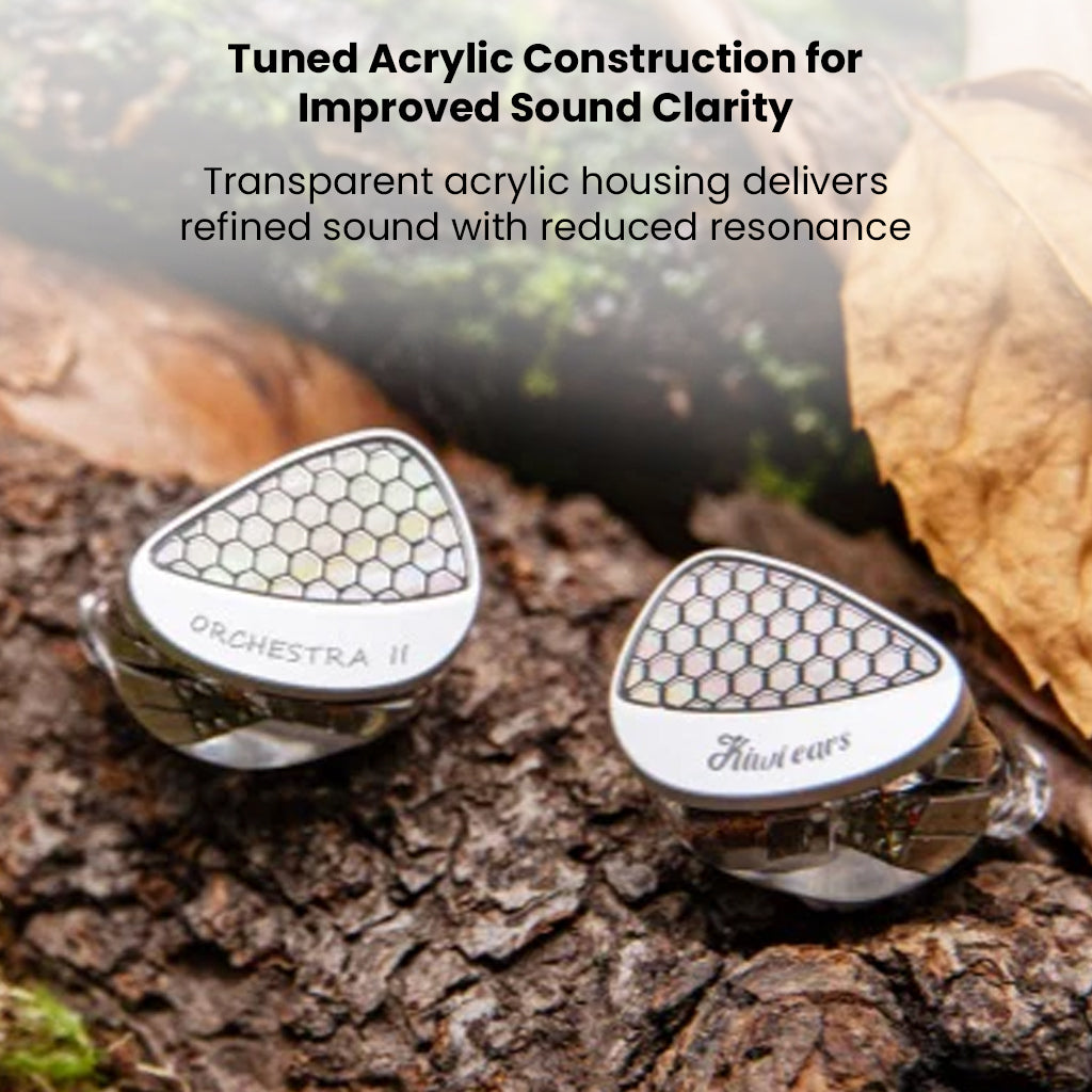 Kiwi Ears Orchestra II IEMs on bark with text highlighting transparent acrylic housing for improved sound clarity and reduced resonance.