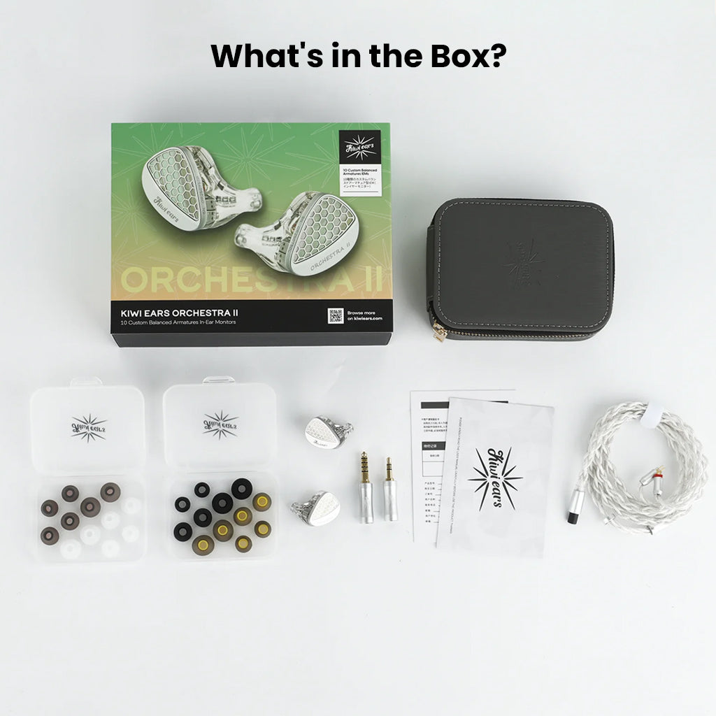 Complete Kiwi Ears Orchestra II package including IEMs, ear tips, cables, adapters, case, and user manual displayed on white background.