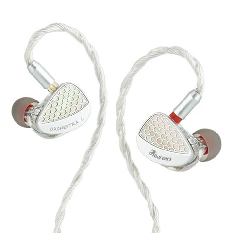 Kiwi Ears Orchestra II in-ear monitors with 10mm balanced armature drivers, featuring a silver honeycomb faceplate and braided cable.