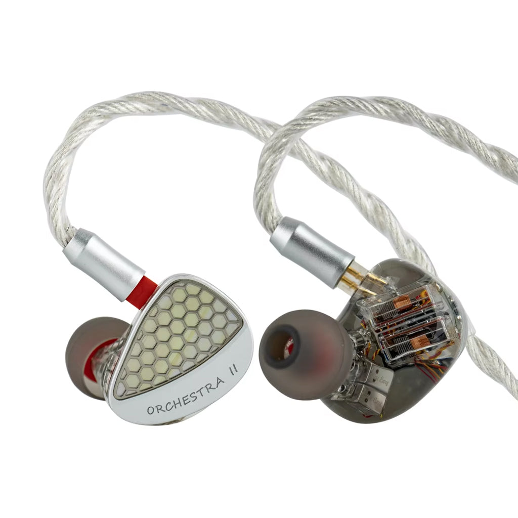 Close-up of Kiwi Ears Orchestra II IEMs showing transparent housing and internal components with silver faceplate and red-accented ear tips.
