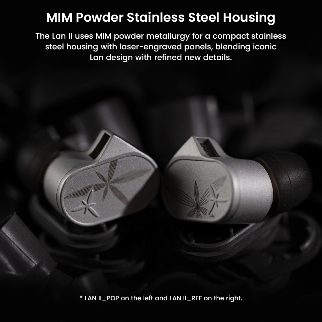 Close-up of LAN II POP (star design, left) and LAN II REF (leaf design, right) earpieces, highlighting the MIM Powder Stainless Steel Housing.