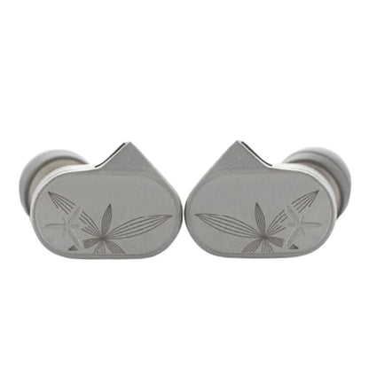 Front view of two MOONDROP LAN II REF earpieces side-by-side, showcasing the stainless steel housing and the leaf-like laser-engraved design.
