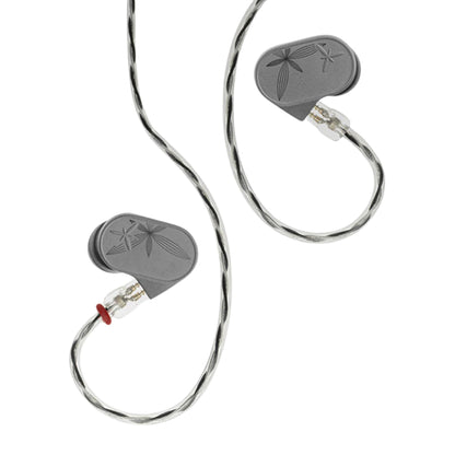 Two MOONDROP LAN II earpieces, the left one being the REF version and the right one being the POP version, connected to a twisted cable, on a white background.