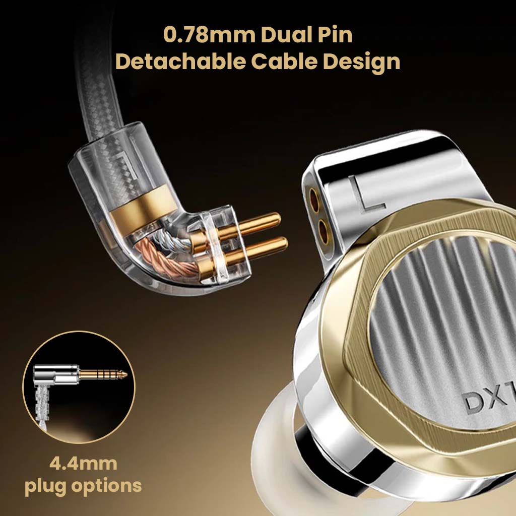 LETSHUOER DX1 with 0.78mm dual pin detachable cable and 4.4mm plug option for balanced audio output and enhanced compatibility.