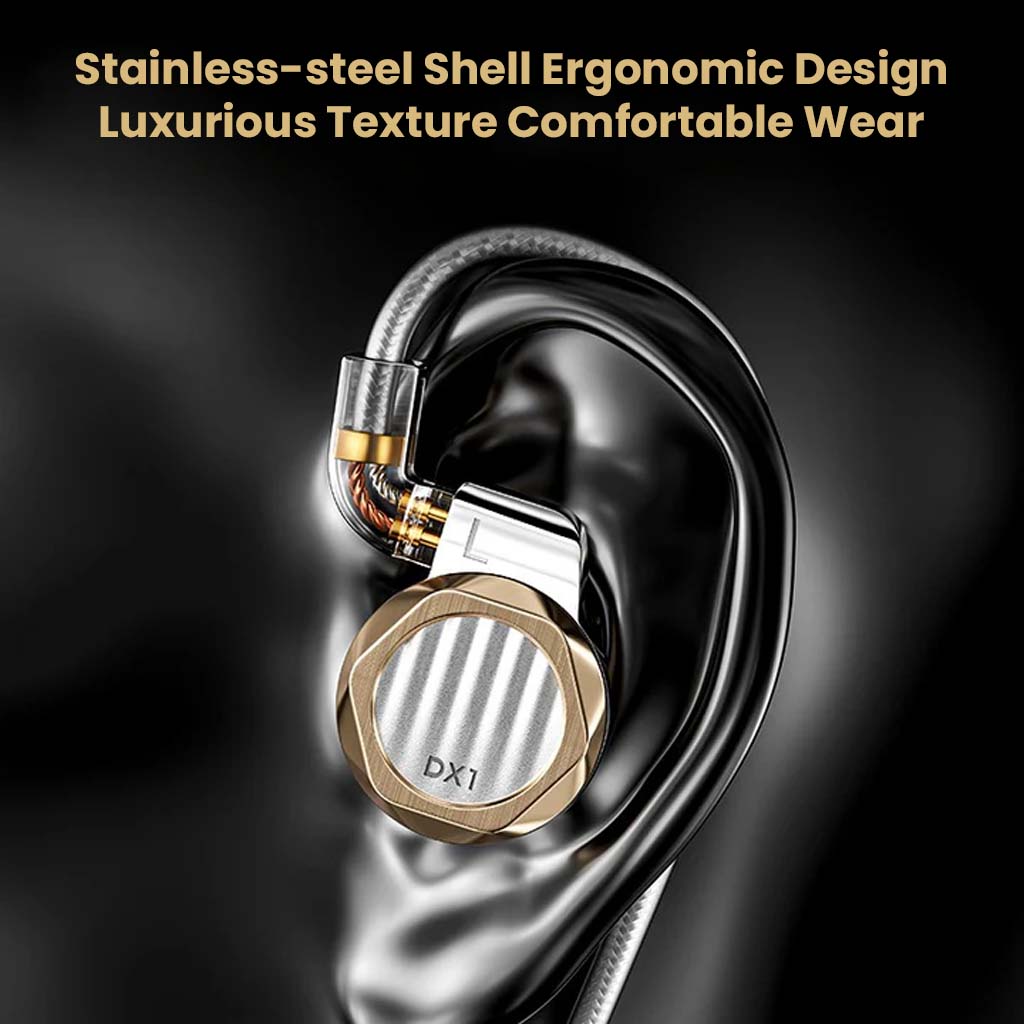 LETSHUOER DX1 in-ear monitor worn on ear, showcasing stainless-steel shell and ergonomic design for luxurious comfort.