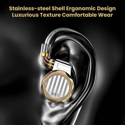 LETSHUOER DX1 in-ear monitor worn on ear, showcasing stainless-steel shell and ergonomic design for luxurious comfort.