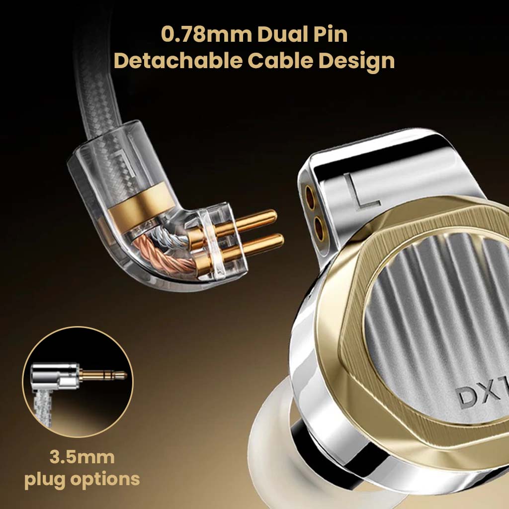 LETSHUOER DX1 with 0.78mm dual pin detachable cable and 3.5mm plug option, offering flexible connectivity and upgradeability.