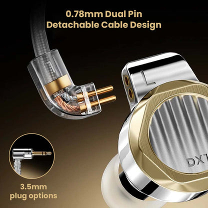 LETSHUOER DX1 with 0.78mm dual pin detachable cable and 3.5mm plug option, offering flexible connectivity and upgradeability.