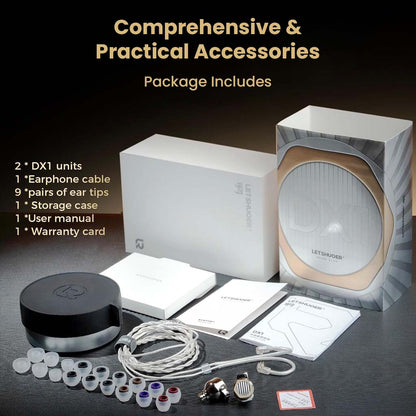 Full accessory package of LETSHUOER DX1 includes earphone cable, ear tips, storage case, user manual, and warranty card.
