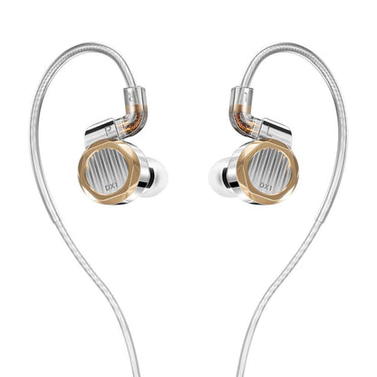 LETSHUOER DX1 11mm alloy dynamic driver in-ear monitors with silver and gold finish, featuring ergonomic over-ear cable design.