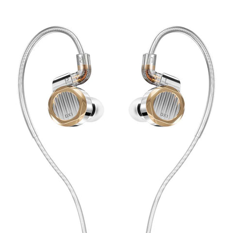 LETSHUOER DX1 11mm alloy dynamic driver in-ear monitors with silver and gold finish, featuring ergonomic over-ear cable design.