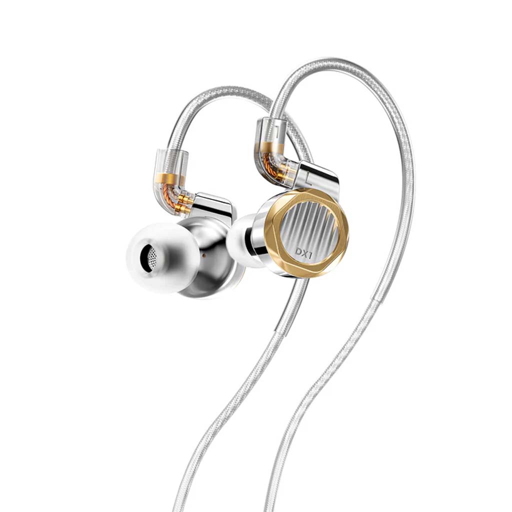 Angled view of LETSHUOER DX1 in-ear monitors with metallic housing and over-ear cable for secure and stylish fit.