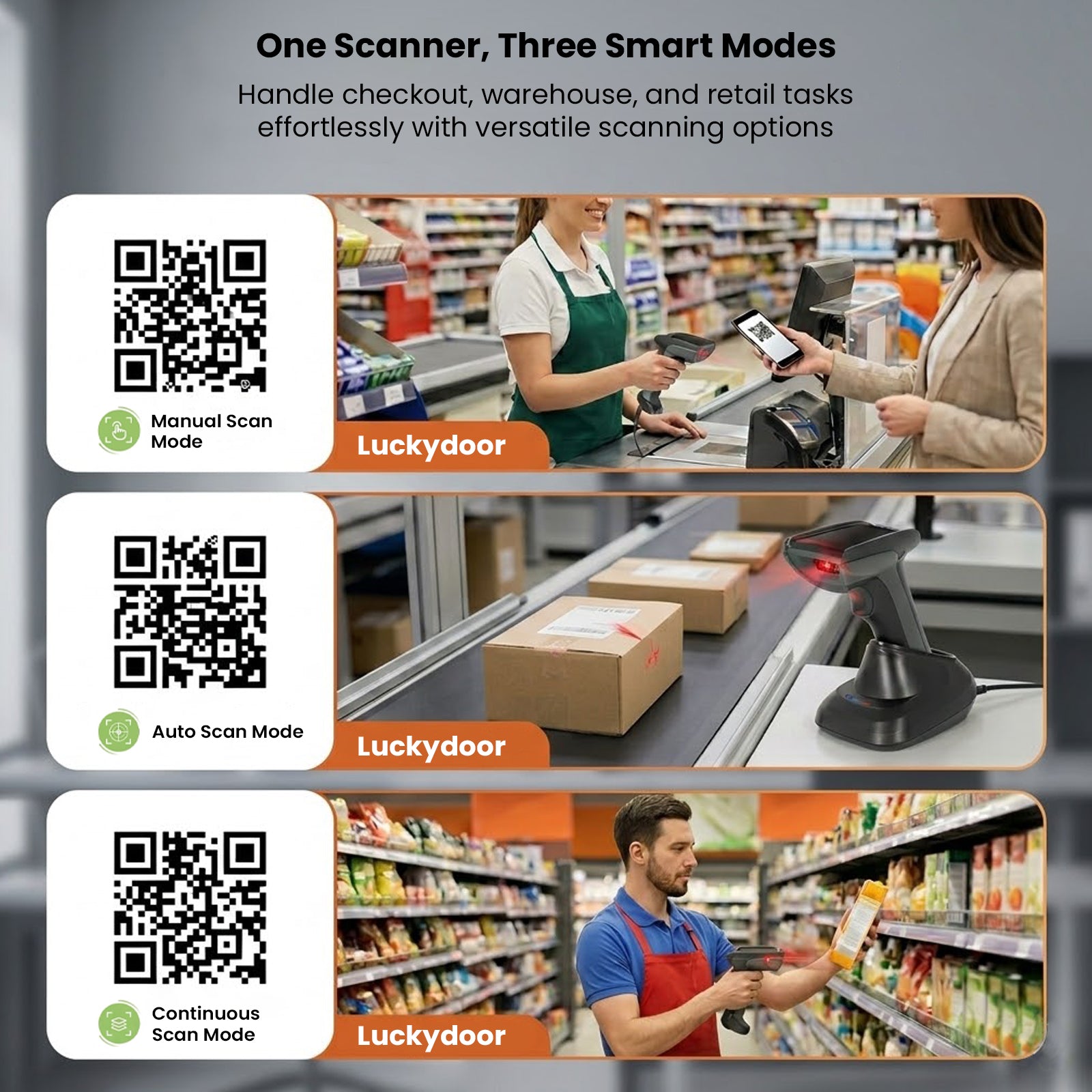 Luckydoor- DS230BT 1D & 2D 2-IN-1 Wireless Barcode Scanner with Charging Base