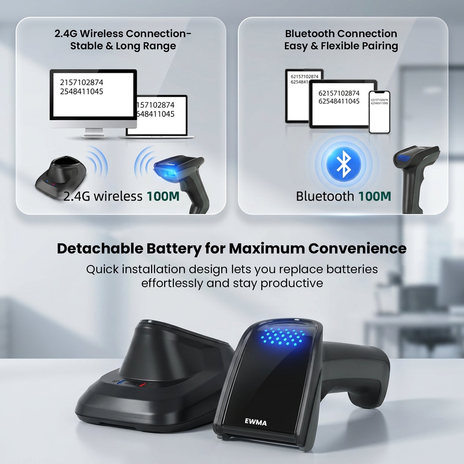 Luckydoor- DS230BT 1D & 2D 2-IN-1 Wireless Barcode Scanner with Charging Base