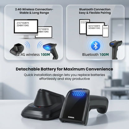 Luckydoor- DS230BT 1D & 2D 2-IN-1 Wireless Barcode Scanner with Charging Base
