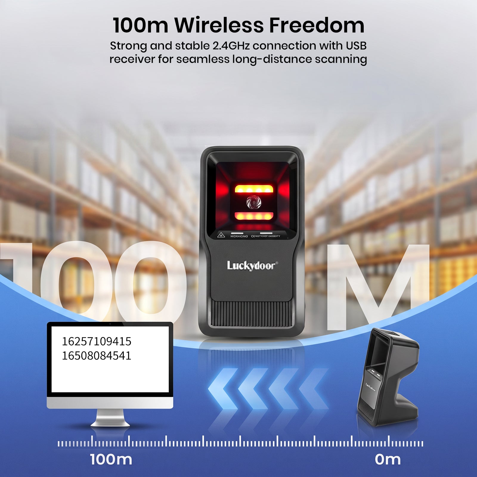 Luckydoor- 2D & 1D USB Wireless Small Square Omnidirectional Barcode Scanner