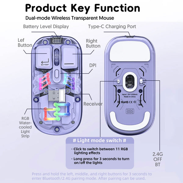 TECPHILE - M111 Transparent Dual Mode Wireless Bluetooth Mouse - 8