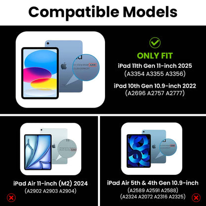 Compatibility chart for MK-10 Keyboard Case showing support for iPad 11th Gen A16 2025 and iPad 10th Gen 2022 only.