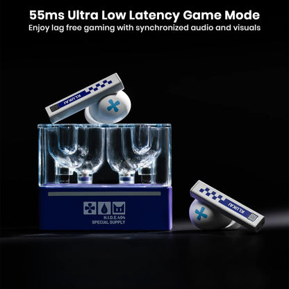 Close-up of earbuds and charging case with gaming-themed graphics and icons